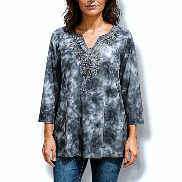 Company One Tie Dye Women Cotton Top 3/4 Sleeve Embroidery V Neck Blue Plus 2X - Picture 1 of 16